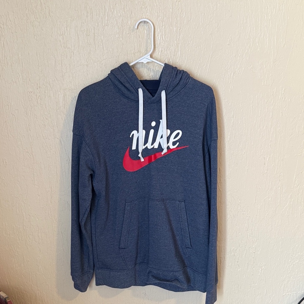 Nike Men's Dark Blue Hoodie with Red Logo